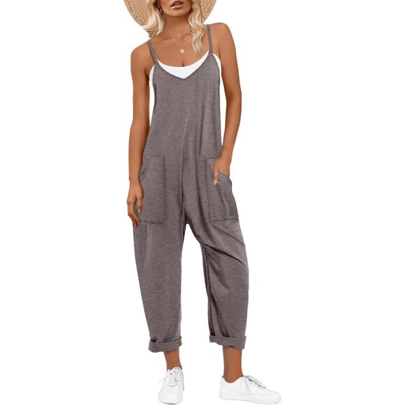 Pants - Women Gray Taupe Casual Summer Overall Sleeveless Spaghetti Strap Romper Jumper